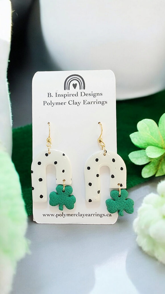 White Polka Dot Shamrock Dangles