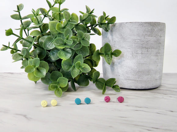 Polymer clay earrings. This micro stud pack contains 3 pairs of titanium finished studs. They feature vibrant colours and textures. They are lightweight and comfortable! Great for sensitive ears.