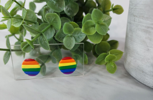 Polymer clay earrings. These circular rainbow pride earrings are lightweight and their vibrant colours are eye catching. Finished with titanium studs for sensitive ears.