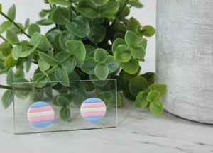 These cute and stylish polymer clay stud earrings are lightweight, eclectic and sure to make a statement. These earrings represent the Transgender flag. Whether or not you identify with this, you can show your support or simply just fall in love with the colour combination. Finished with titanium stud posts for sensitive ears.