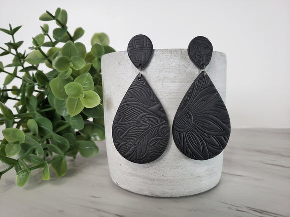 These polymer clay earrings are lightweight, eclectic and sure to make a statement. They feature a mandala print on black polymer clay. Finished with titanium stud posts for sensitive ears.